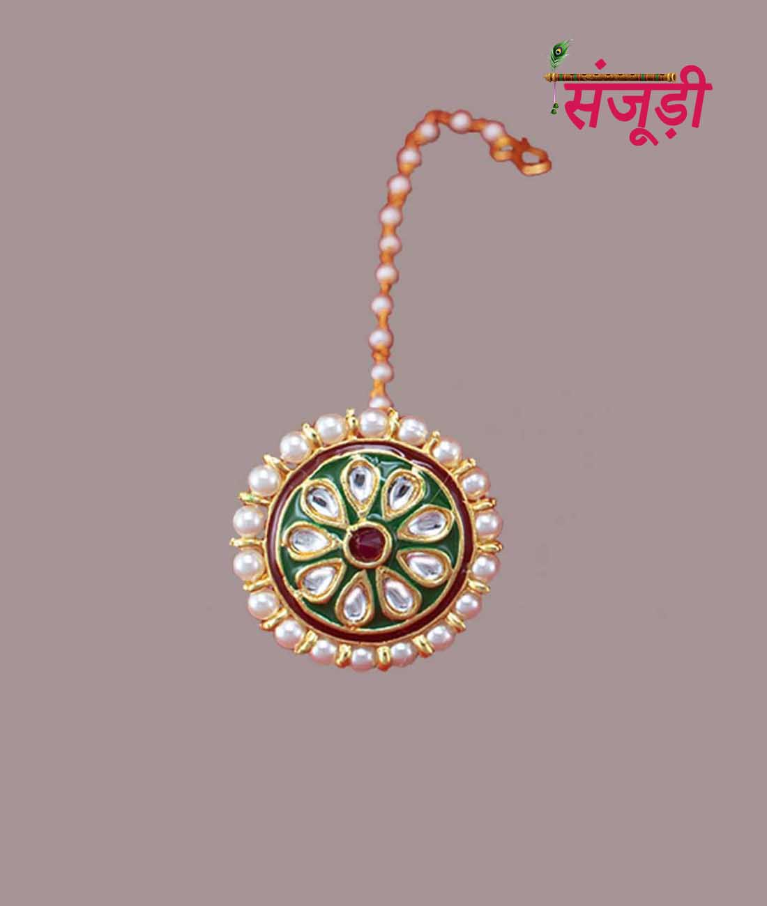 Rajputi Borla with Green and Red Meena Work 