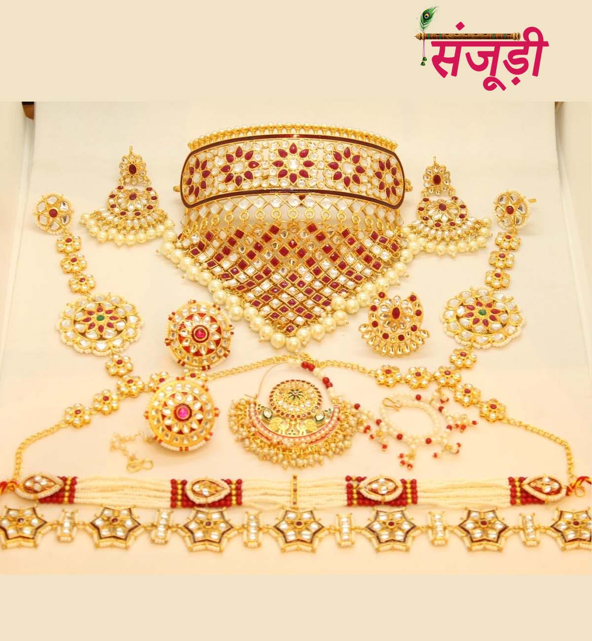 Rajputi Mini Jewellery Set in Red Kundan Work 