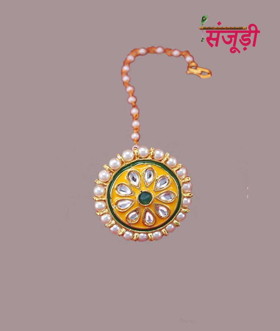 Rajputi Borla with Yellow Green Meena Work