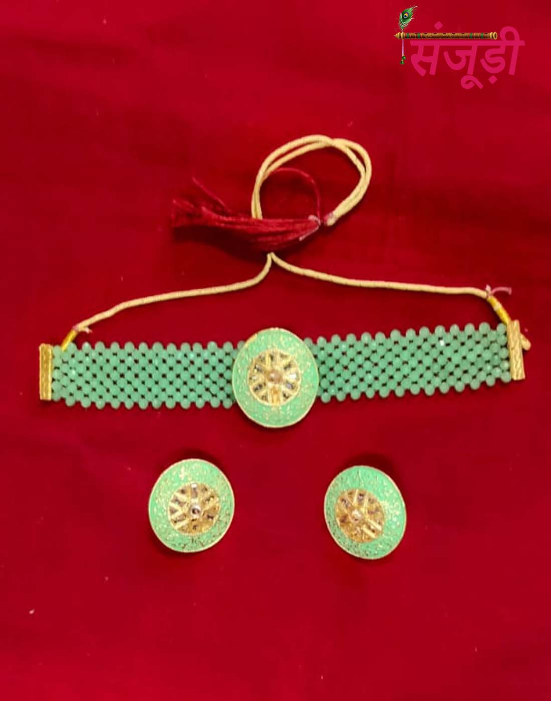 Rajputi Chatai Choker Set with Mint Green Pearl