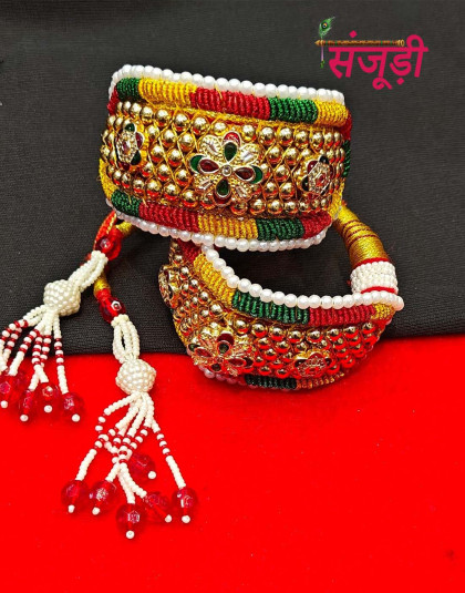 rajputi pochi with three pendant and multicolor zardoji povai