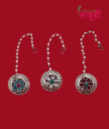 3 silver borla combo set with blue white and red stones