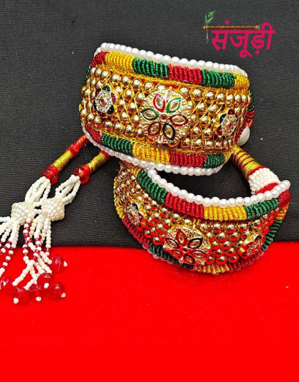 rajasthani pochi with three pendant and multicolor zardoji povai