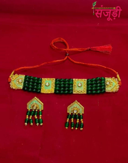 rajasthani choker set with green oval shape pearl